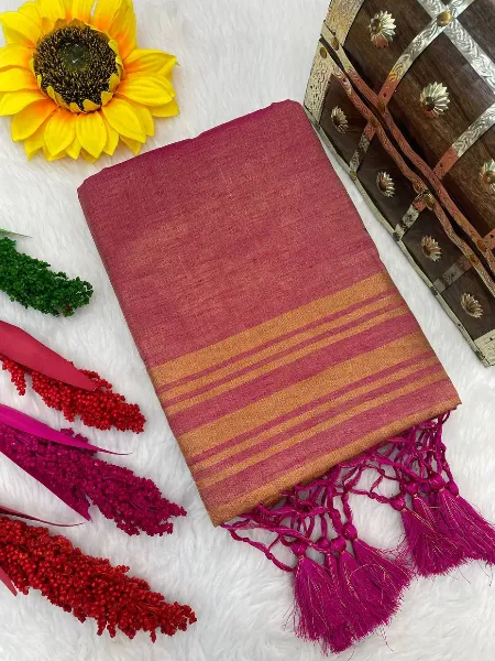 Pure Linen Cotton Saree in Pink With Rich Pallu Zari Weaving Work