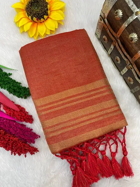 Pure Linen Cotton Saree in Red With Rich Pallu Zari Weaving Work