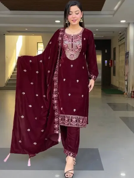 Velvet Top Pant Pair With Dupatta in Maroon Color With Sequence Embroidery