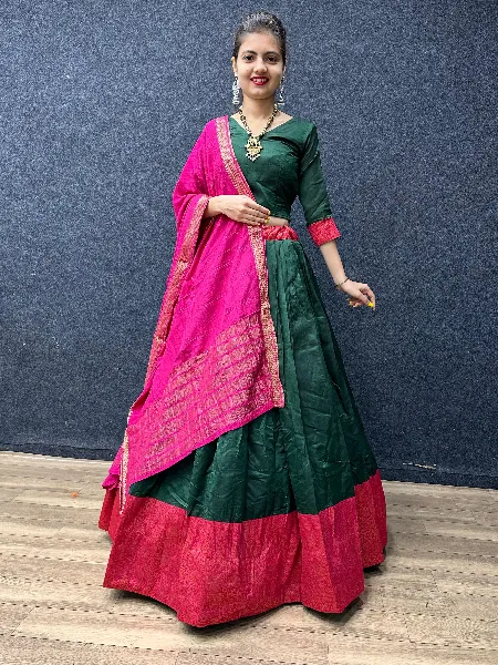 South Indian Readymade Lehenga Choli in Green With Pink Dupatta