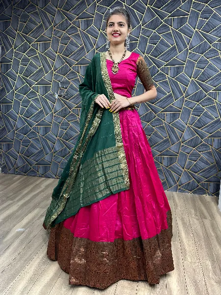 South Indian Readymade Lehenga Choli in Pink With Green Dupatta