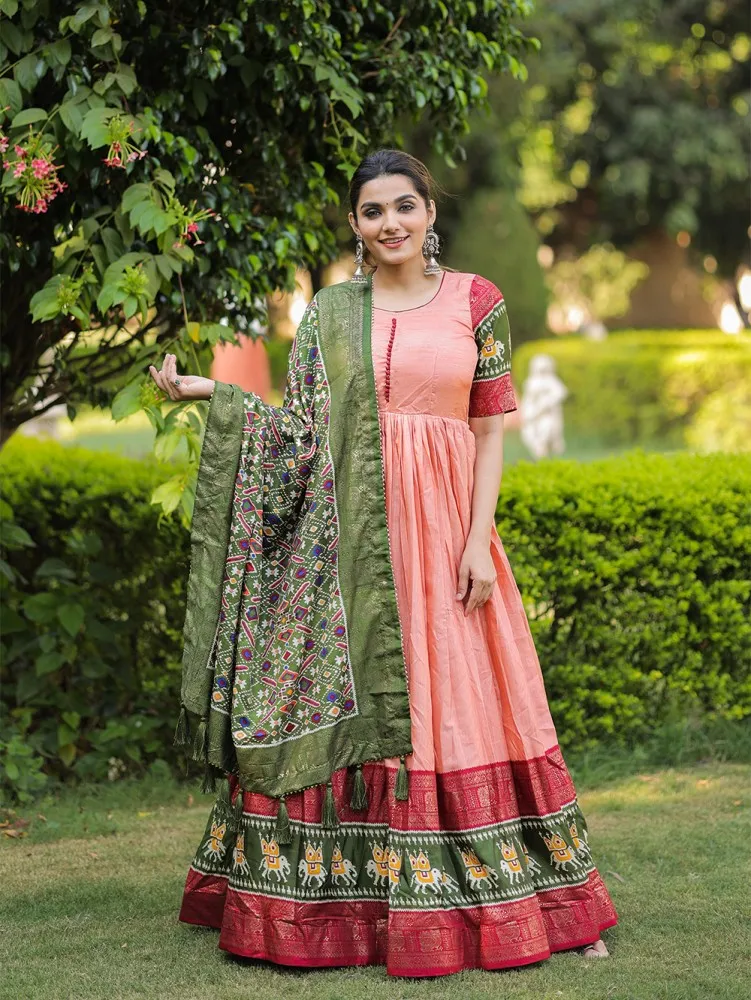Tanuh Peach Dress With Attached Dupatta – Trendroots