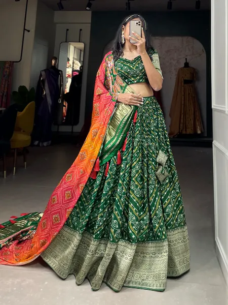 Green Viscose Dola Silk Lehenga Choli With Print Weaving and Gaji Silk Dupatta