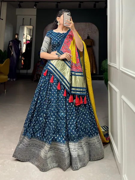 Navy Blue Viscose Dola Silk Lehenga Choli With Print Weaving and Gaji Silk Dupatta