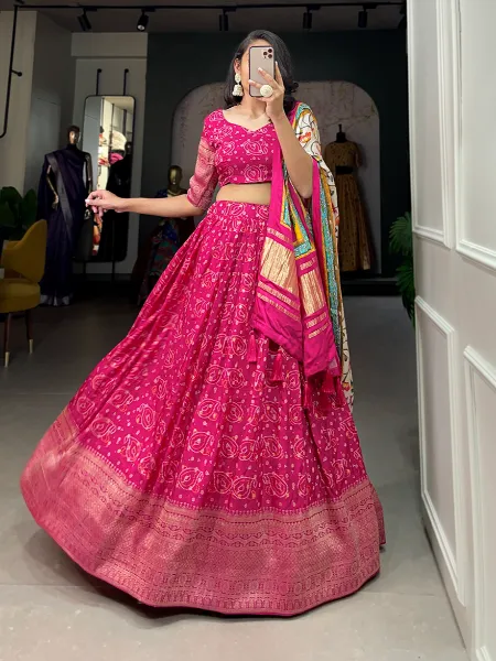 Pink Viscose Dola Silk Lehenga Choli With Print Weaving and Gaji Silk Dupatta