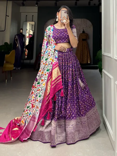 Purple Viscose Dola Silk Lehenga Choli With Print Weaving and Gaji Silk Dupatta
