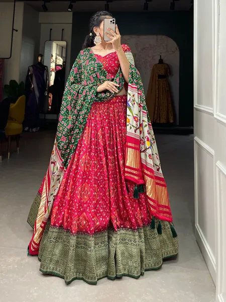 Red Viscose Dola Silk Lehenga Choli With Print Weaving and Gaji Silk Dupatta