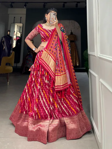 Rani Pink Viscose Dola Silk Lehenga Choli With Print Weaving and Gaji Silk Dupatta