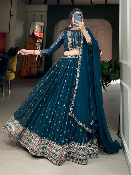 Wedding Lehenga Choli in Navy Blue Georgette With Sequins and Thread Embroidery