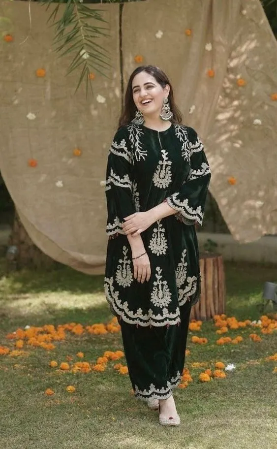 Party Wear Unstitched Muslin Salwar Suit with Fancy Work Green – Stilento
