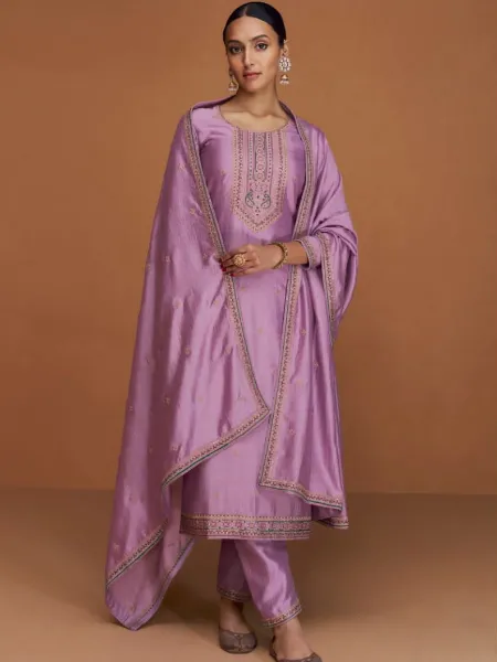 Lavender Color Pakistani Salwar Kameez in Premium Silk with Sequins Embroidery