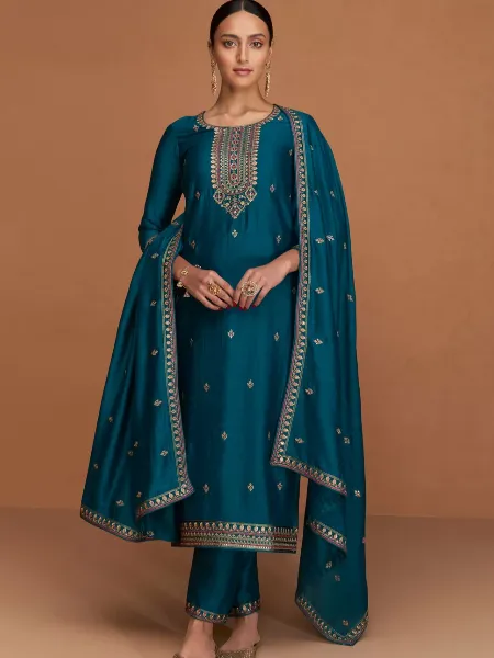 Blue Color Pakistani Salwar Kameez in Premium Silk with Sequins Embroidery