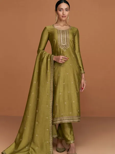 Mehendi Color Pakistani Salwar Kameez in Premium Silk with Sequins Embroidery