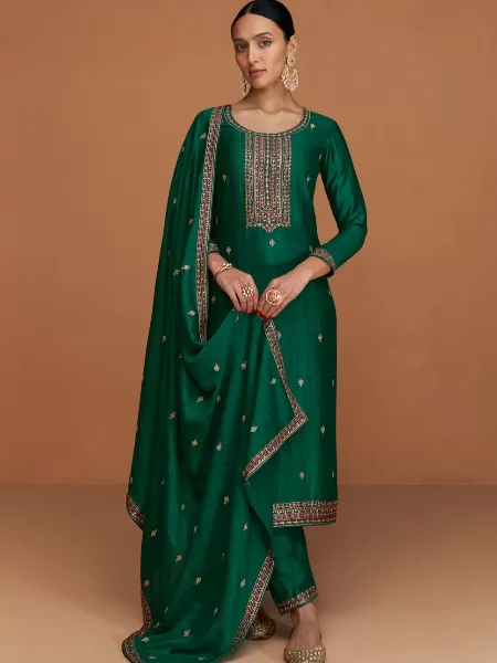 Green Color Pakistani Salwar Kameez in Premium Silk with Sequins Embroidery