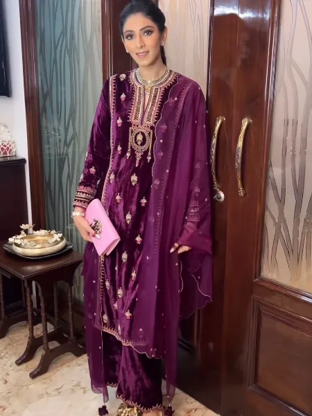 Wine Color Velvet Pakistani Dress With Beautiful Embroidery and Dupatta