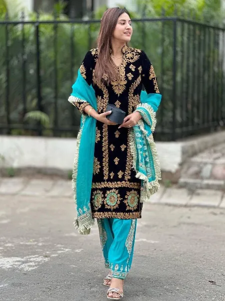 Black Velvet Pakistani Salwar Kameez With Fancy Embroidery Ready to Wear