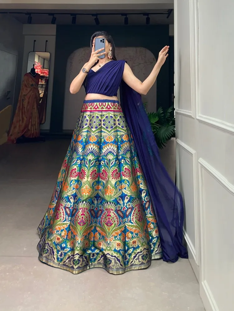 Teal Blue Banarasi Georgette Lehenga Set Design by Sadhvi Dang at Pernia's  Pop Up Shop 2024