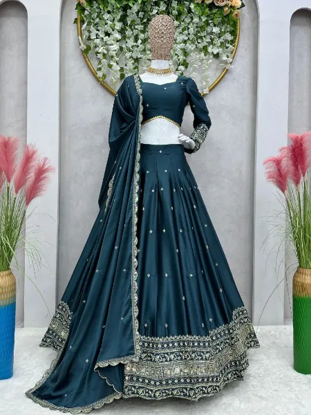 Green Color Satin Lehenga Choli With Beautiful Sequence Embroidery Work
