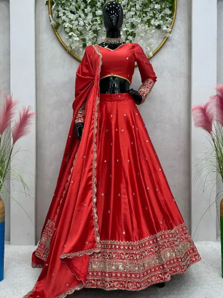 Red Color Satin Lehenga Choli With Beautiful Sequence Embroidery Work
