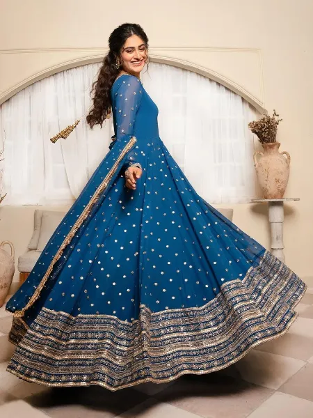 Blue Color Designer Gown With Heavy Embroidery Work in Georgette With Dupatta