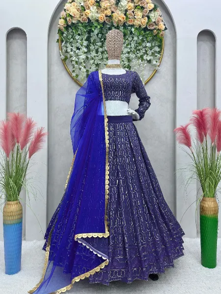 Blue Color Sequence Lehenga Choli in Georgette for Wedding Ceremony