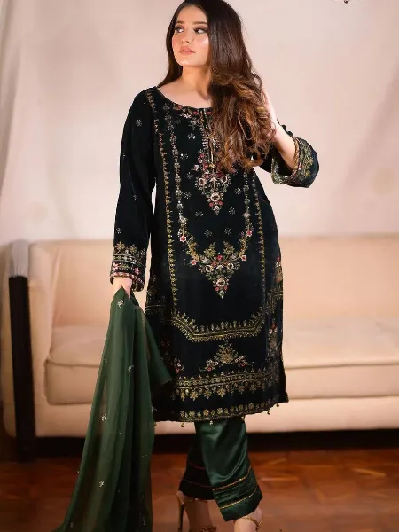 Green Pakistani Dress in Velvet Top Pant Pair With Dupatta With Sequence Embroidery