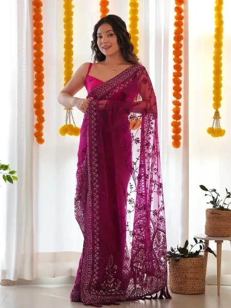 Purple Color Saree in Butterfly Net With Embroidery and Stone Work
