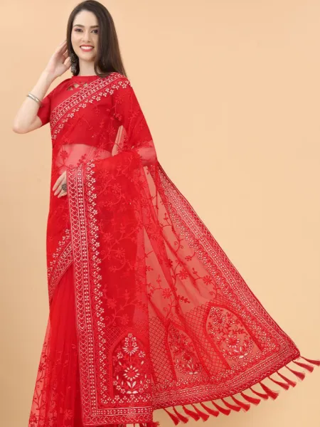 Red Color Saree in Butterfly Net With Embroidery and Stone Work