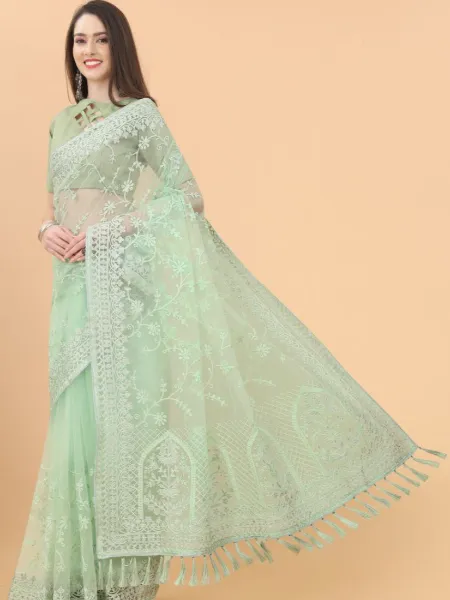 Pista Color Saree in Butterfly Net With Embroidery and Stone Work