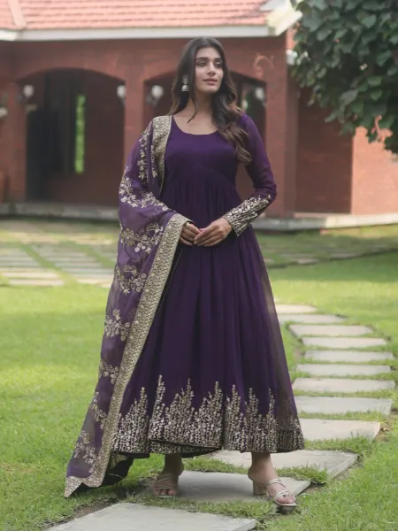 Purple Color Designer Gown With Sequins Embroidery and Heavy Work Dupatta