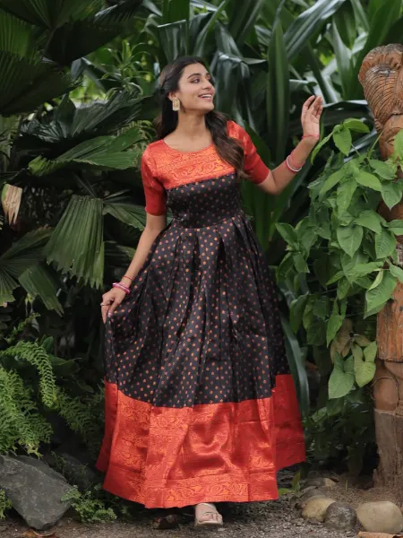 Black Color Gown in Banarasi Jacquard Silk Texture Designer Weaving Work