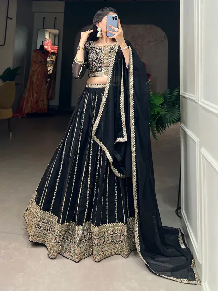 Black Wedding Lehenga Choli in Georgette With Heavy Embroidery and Sequins