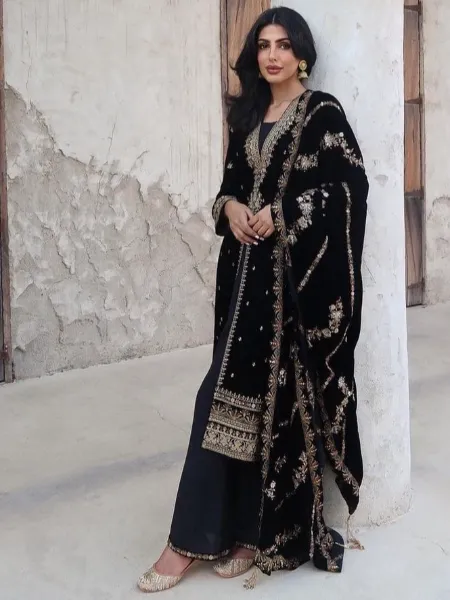 Indian Pakistani Dress in Black Velvet Front Slit Eid Dress With Sequins Embroidery
