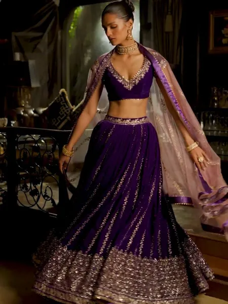 Purple Wedding Lehenga Choli in Velvet With Heavy Embroidery and Sequins