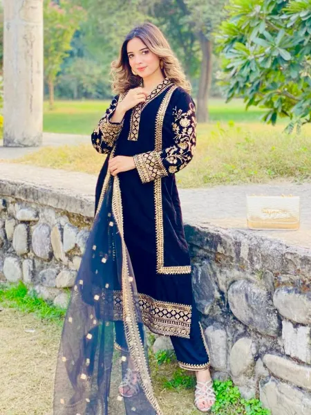Velvet Indian Pakistani Dress in Navy Blue Eid Dress With Sequins Embroidery