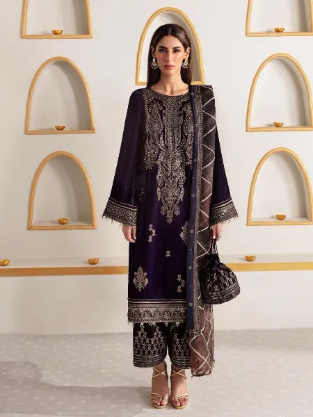 Velvet Indian Pakistani Dress in Navy Blue With Sequins Embroidery for Eid