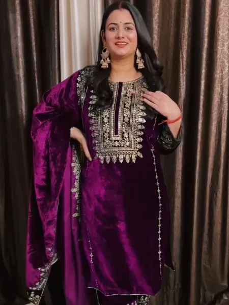 Purple Color Velvet Suit With Embroidery Work for Eid Salwar Suit in Purple