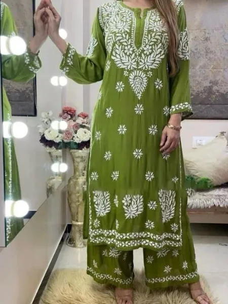 Designer Top With Palazzo Suit in Mehendi Rayon With Thread Embroidery