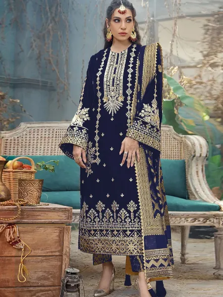Navy Blue Pakistani Dress in Georgette With Sequins Embroidery Eid Collection