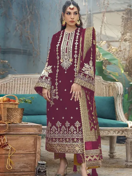 Wine Pakistani Dress in Georgette With Sequins Embroidery Eid Collection