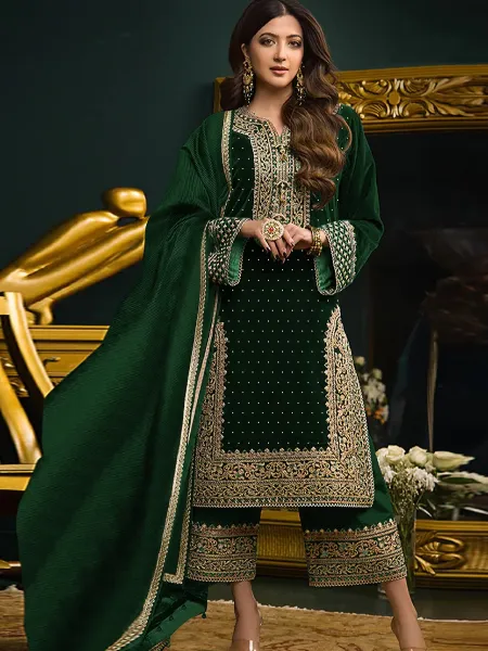 Arabic Suit in Green Color Velvet With Beautiful Sequence and Swarovski Work