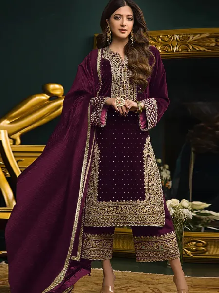 Arabic Suit in Purple Color Velvet With Beautiful Sequence and Swarovski Work