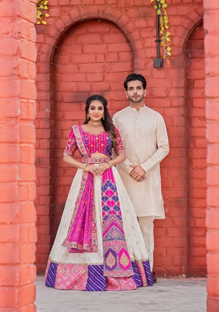 Couple Combo for Wedding Reception With Jacquard Lehenga Choli and Chennai  Silk Men's Kurta Set in USA, UK, Malaysia, South Africa, Dubai, Singapore