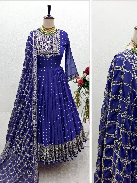 Reception Gown in Blue Color Georgette With Sequins Embroidery Work