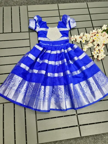 Royal Blue Kids Gown in Nylon Silk With Zari Weaving Ready to Wear Kids Frock