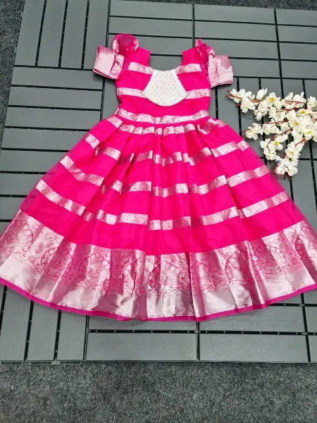 Pink Kids Gown in Nylon Silk With Zari Weaving Ready to Wear Kids Frock