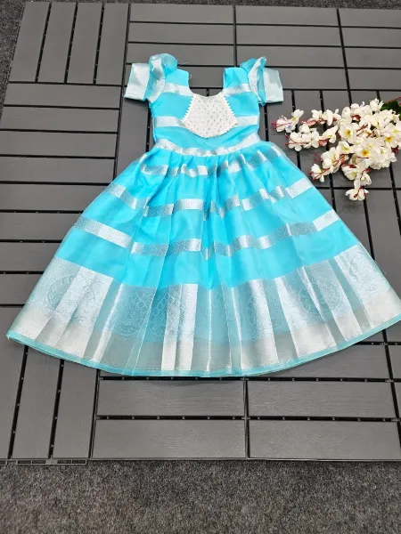 Sky Blue Kids Gown in Nylon Silk With Zari Weaving Ready to Wear Kids Frock