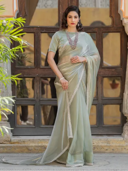 Sky Color Saree in Pure Jimmy Silk With Lace Border Party Wear Saree in Sky