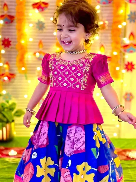 Pink and Blue Kids Lehenga Choli Lichi Silk With Zari Weaving Ready to Wear