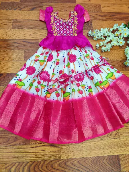 Pink and White Kids Lehenga Choli Lichi Silk With Zari Weaving Ready to Wear